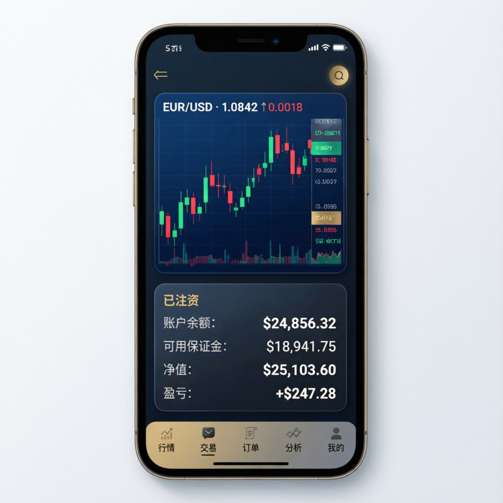 Mobile trading app showing funded account dashboard with profit metrics