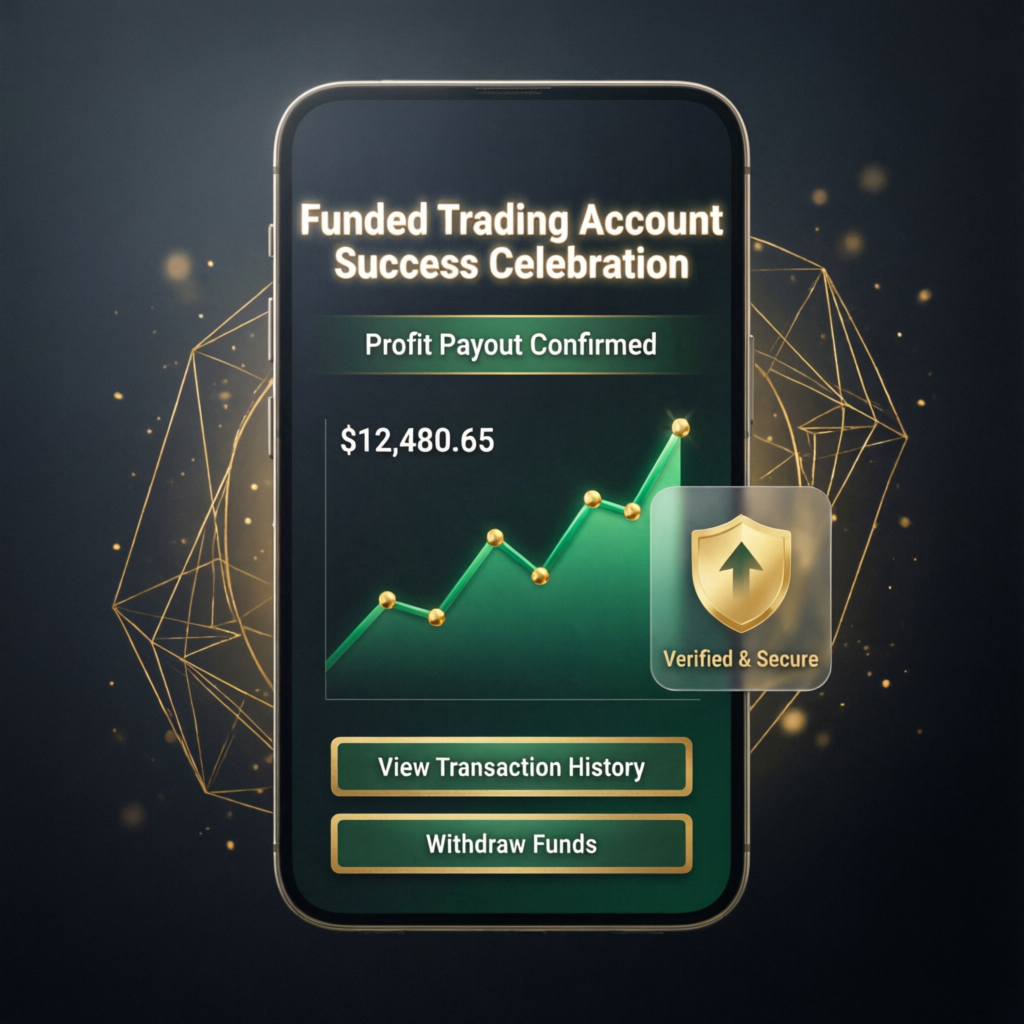 Funded trading account success with profit payout confirmation showing $12,480.65