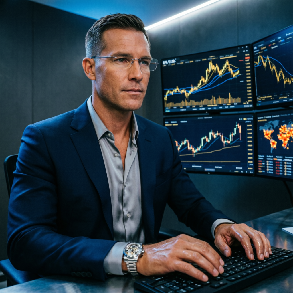 Professional forex trader analyzing Apex Trader Funding evaluation charts in premium trading room