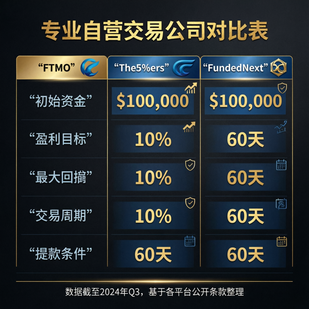 Professional prop firm comparison table showing features of different trading firms