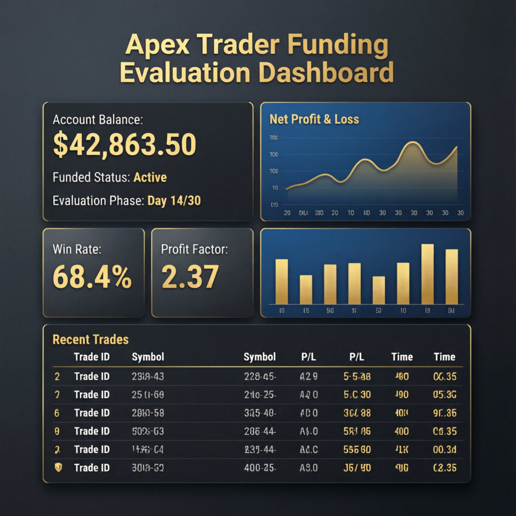 Apex Trader Funding evaluation dashboard showing account balance, win rate, and profit metrics