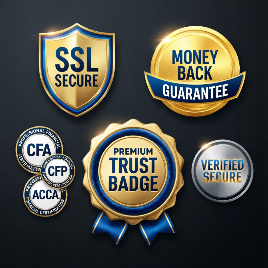 Premium trust badges showing SSL secure, money back guarantee, and verified secure certifications