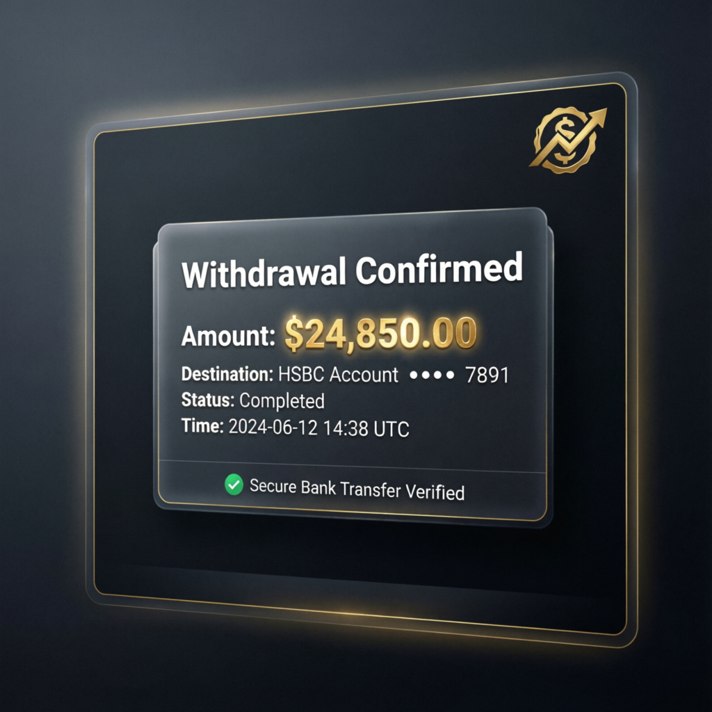Withdrawal confirmation showing $24,850 successful payout from funded account