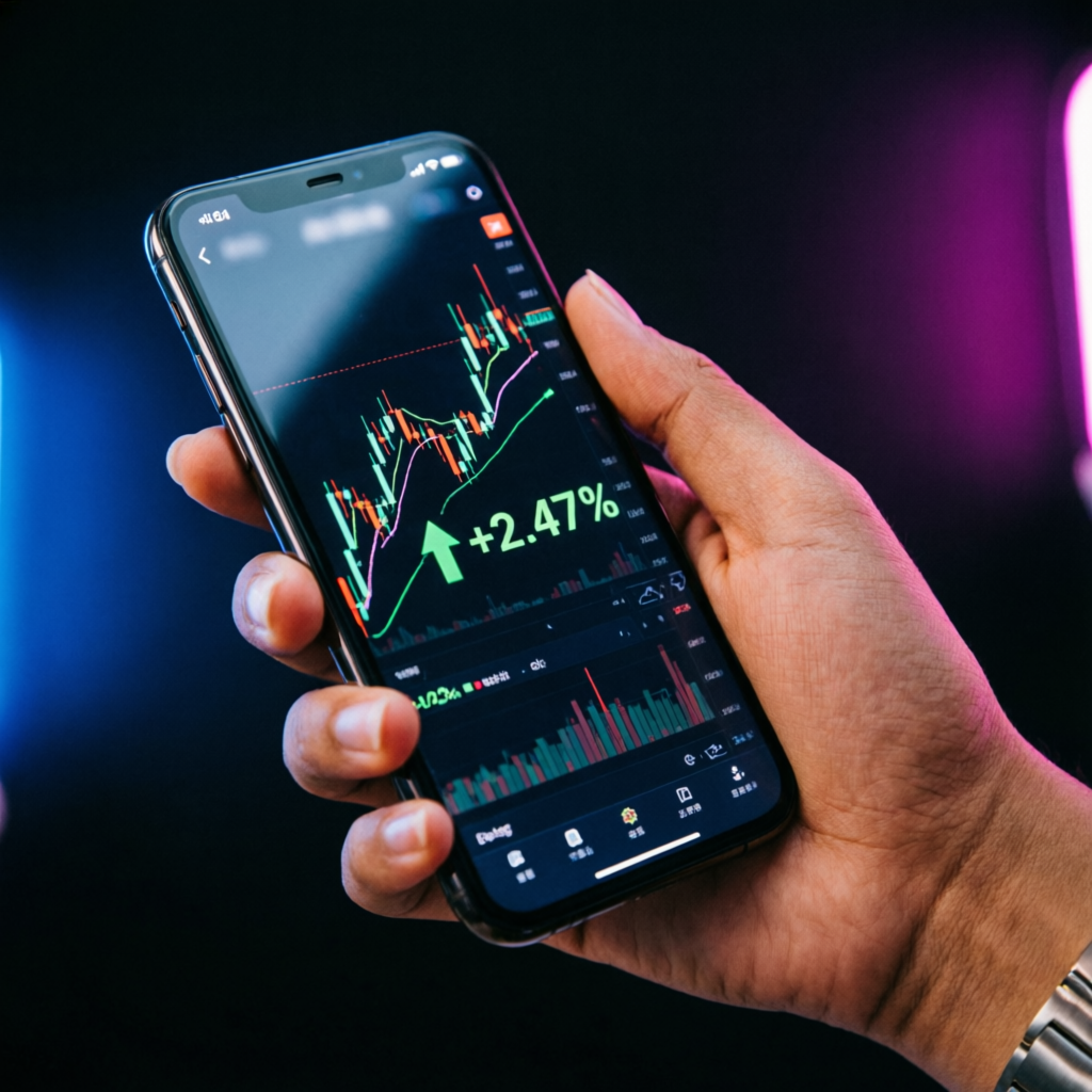 Mobile forex trading app showing profits on smartphone