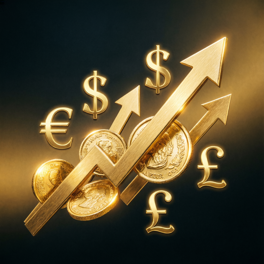 Financial growth and forex profits concept with golden currency symbols
