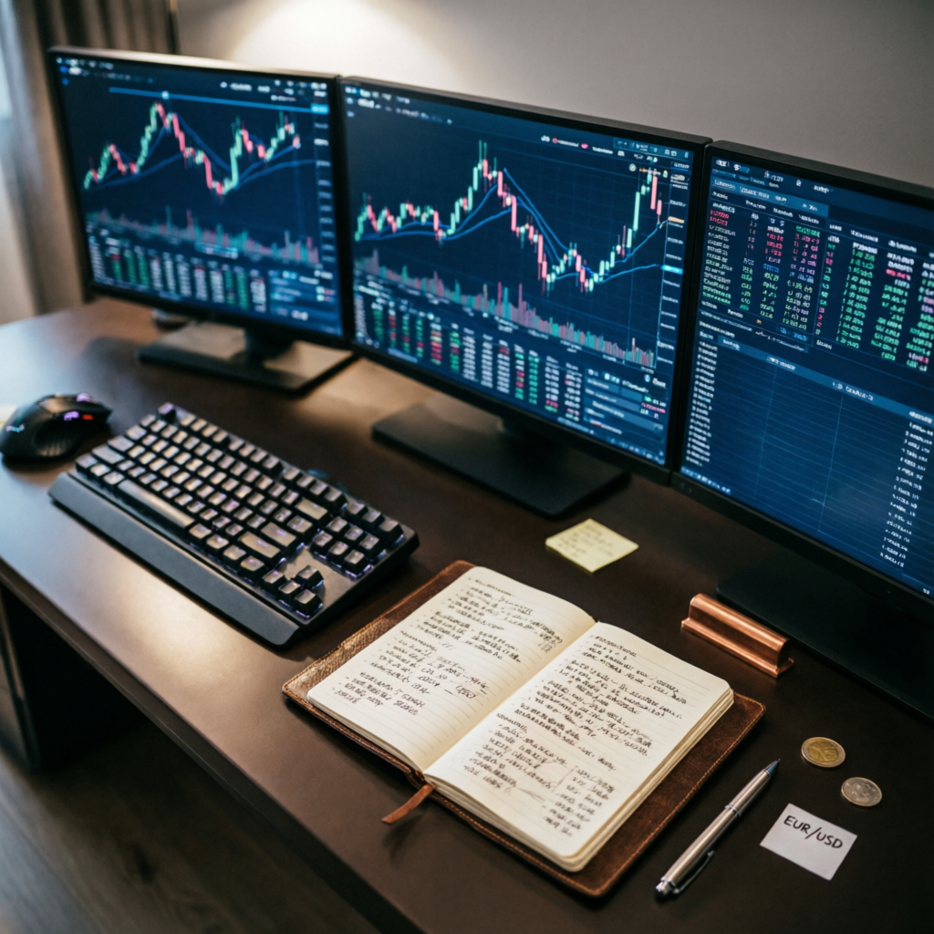 Professional forex trading workspace with multiple monitors and trading journal