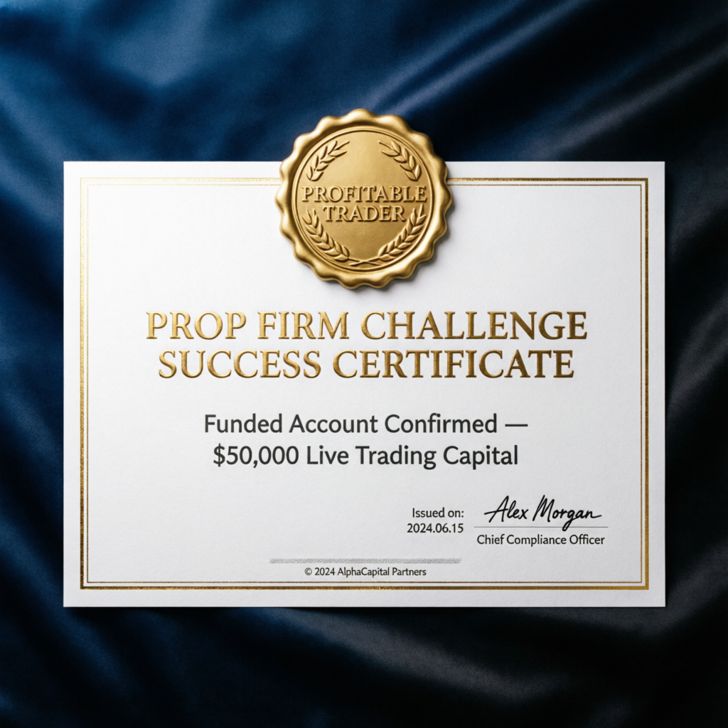 Prop firm challenge success certificate for funded account confirmation