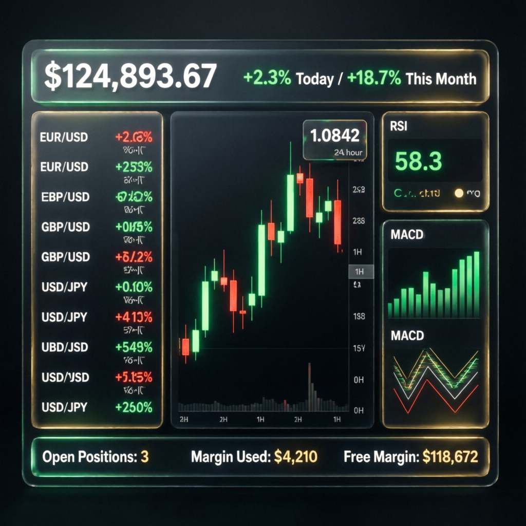 Trading dashboard showing prop firm challenge passing results and funded account profits