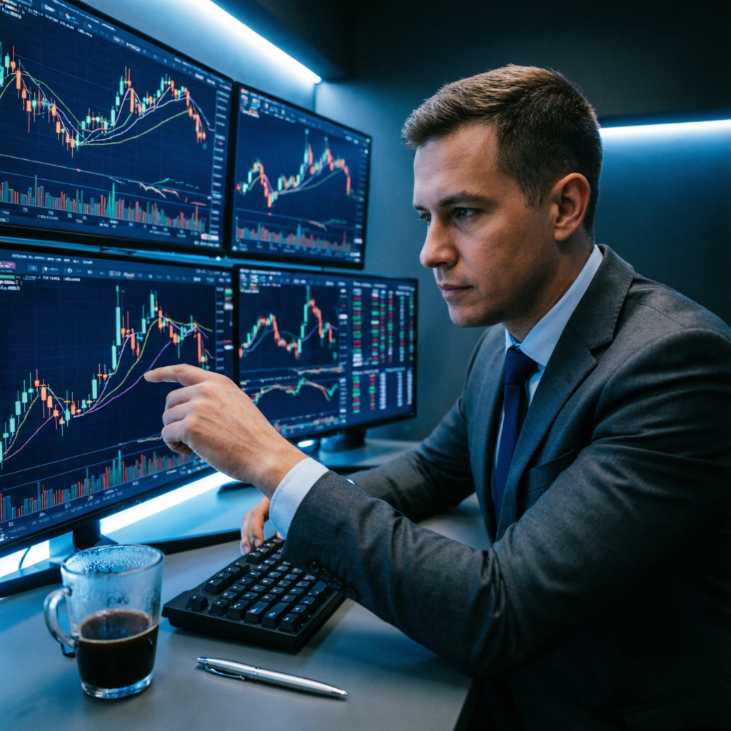 Professional trader analyzing prop firm challenge results on multiple screens