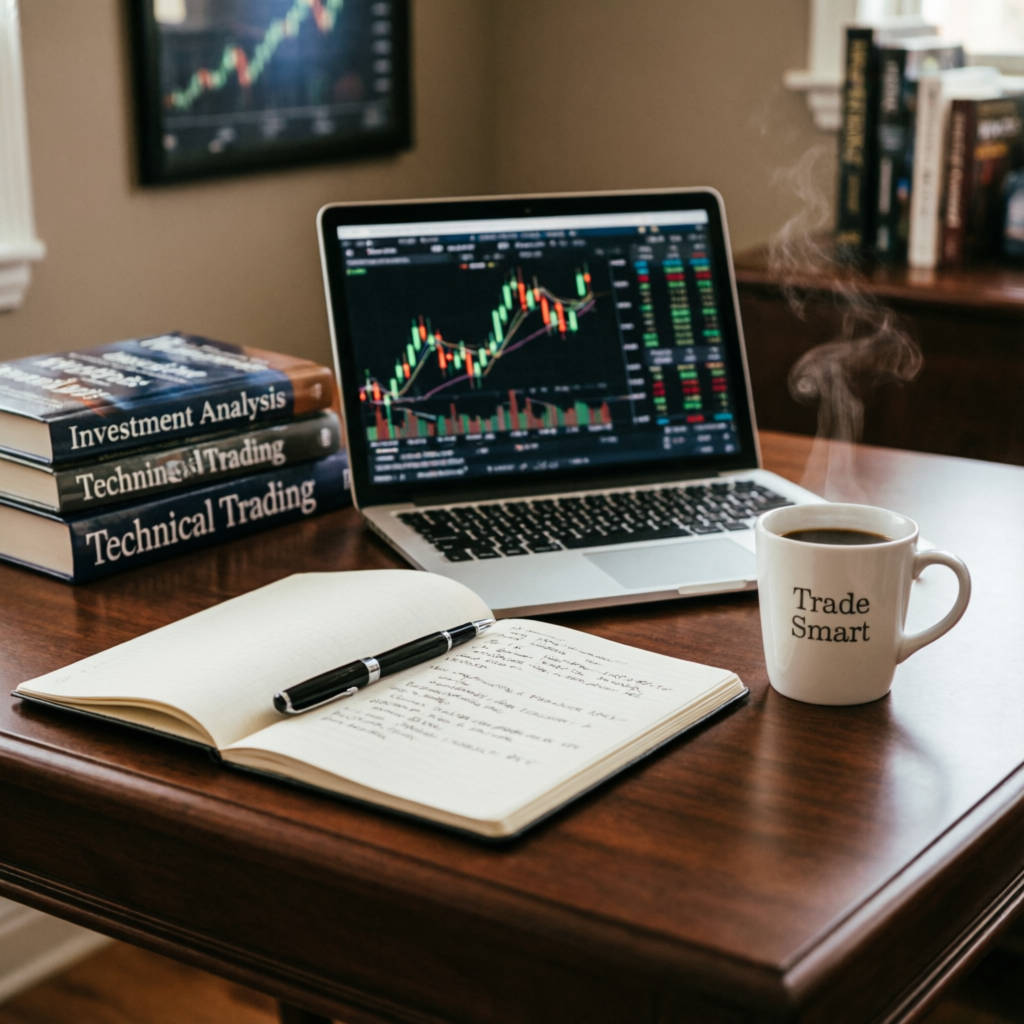 Trading education materials with books and laptop showing forex charts