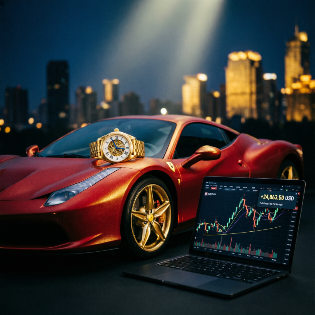 Funded trader lifestyle with luxury car and trading profits