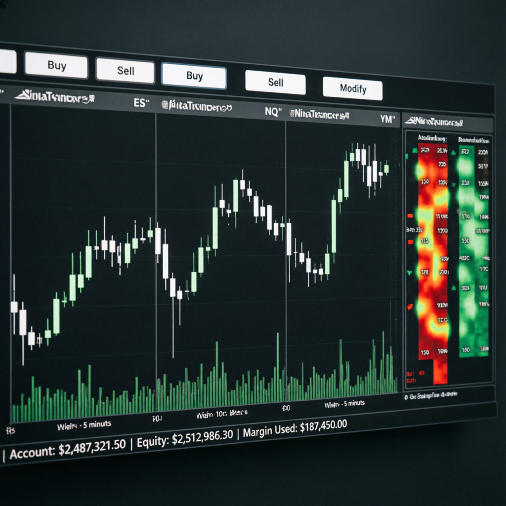 NinjaTrader Platform Interface Showing ES NQ YM Futures Trading Charts