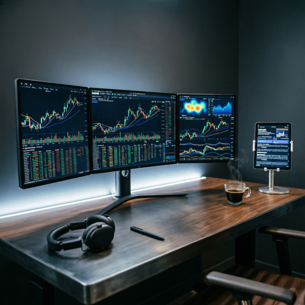 Professional Trader Workspace with Multiple Monitors Showing Apex Trading Charts