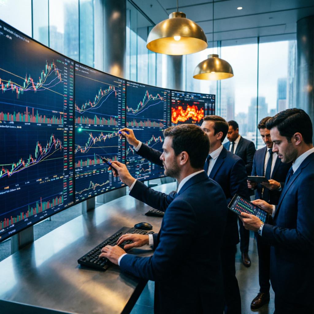 Professional Trading Team Collaborating on Multiple Chart Analysis