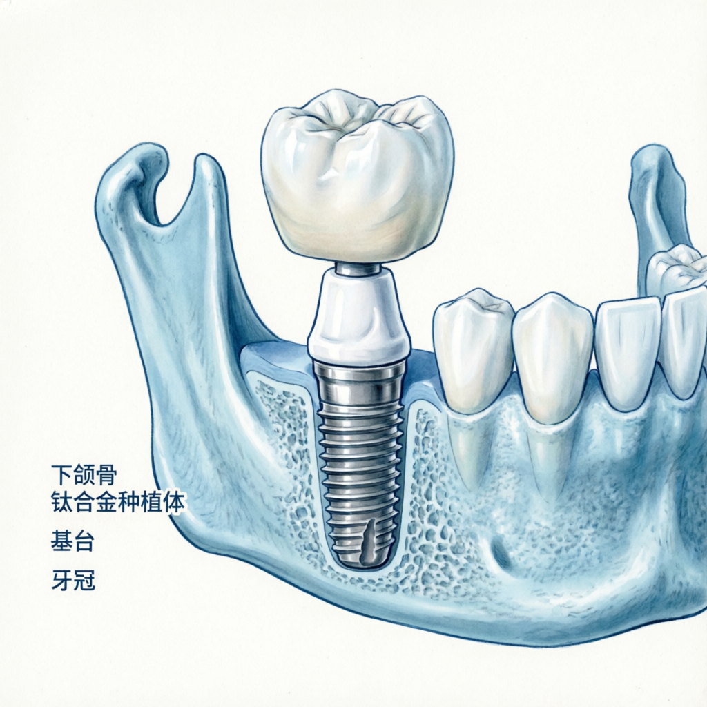 Dental implant procedure showing titanium post and crown