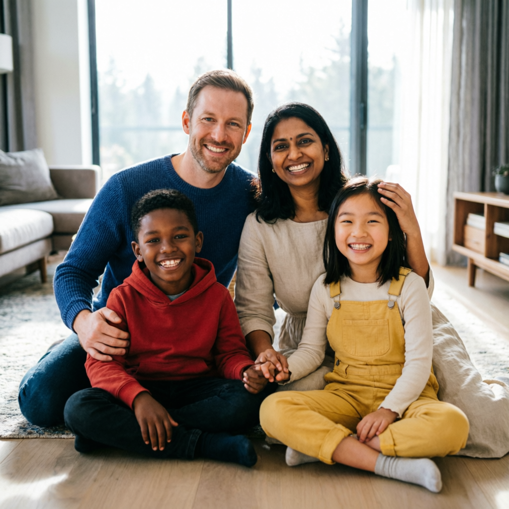 Happy family with healthy smiles representing family dental care