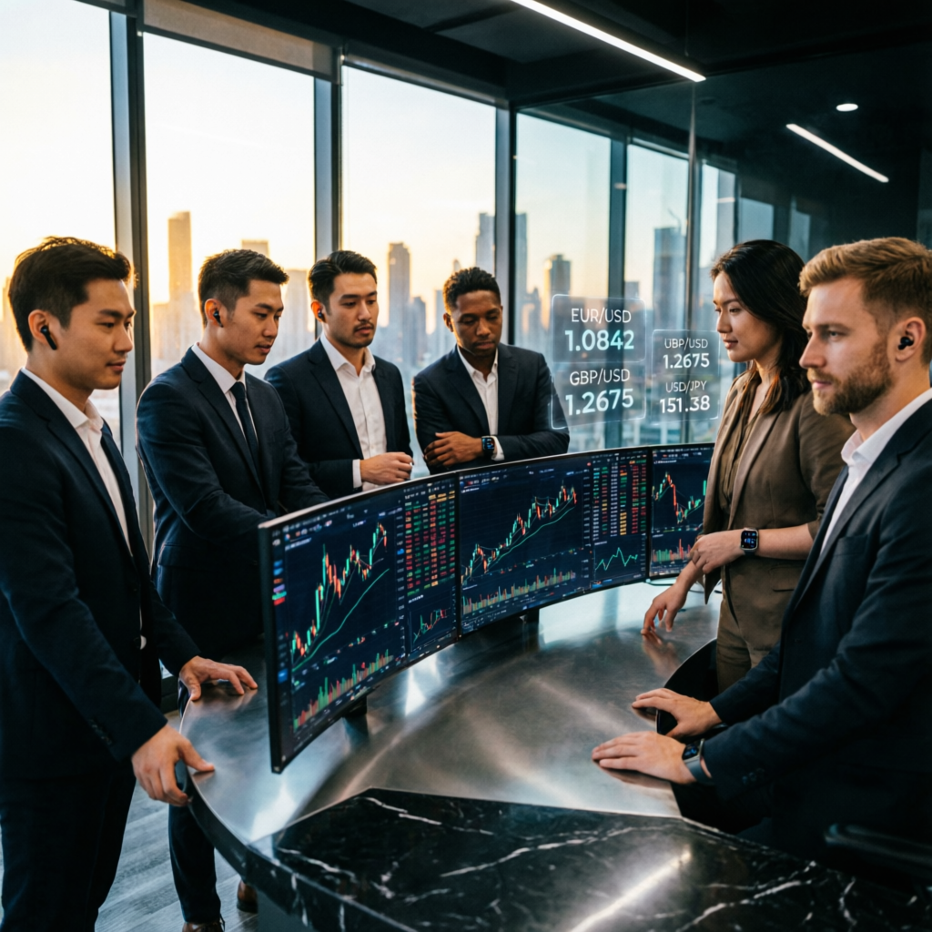 Team of professional traders collaborating around multiple screens with charts
