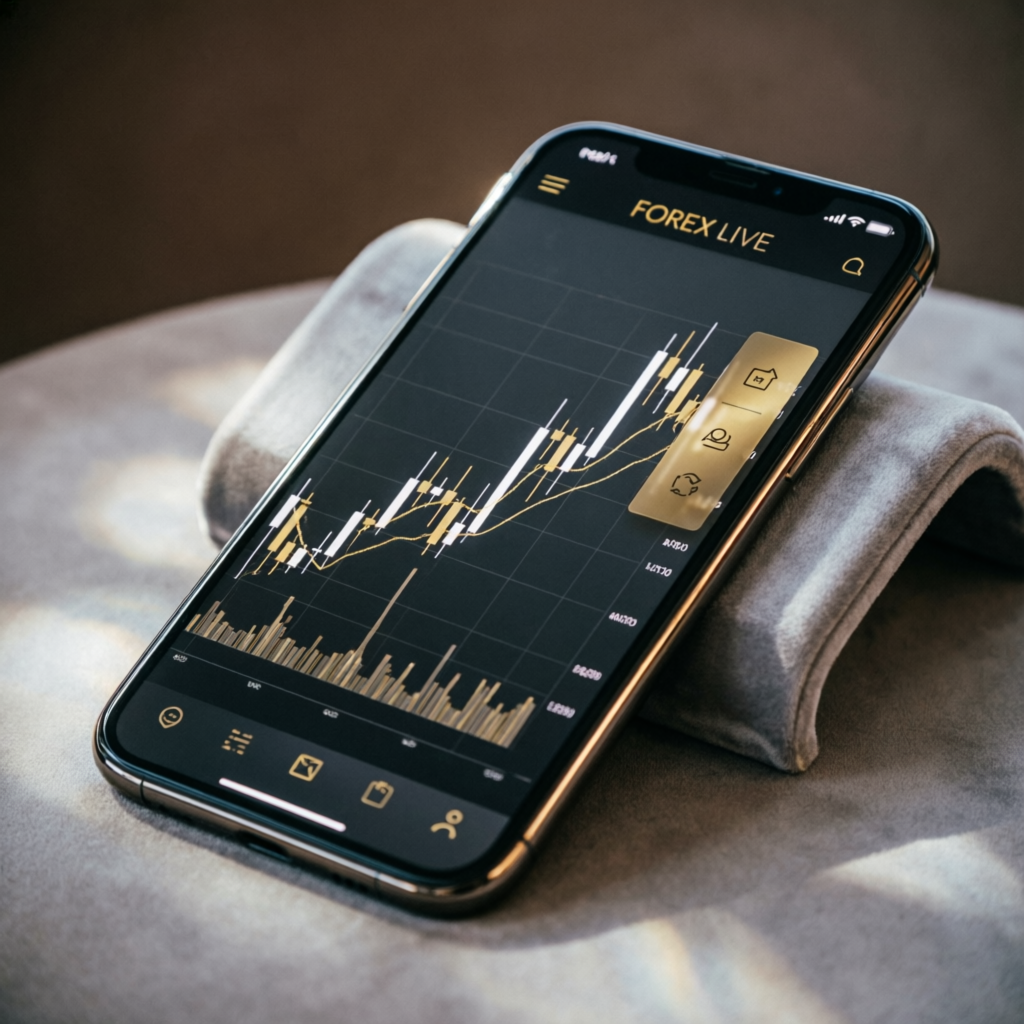 Modern mobile trading app showing forex charts with premium black and gold interface