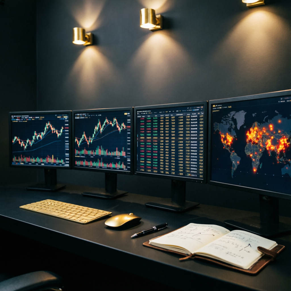 Premium luxury trading desk with multiple monitors showing forex and futures charts