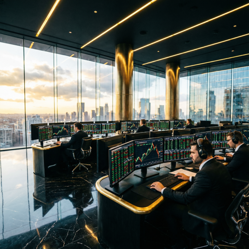 Professional trading floor with multiple monitors showing live market data in luxury environment