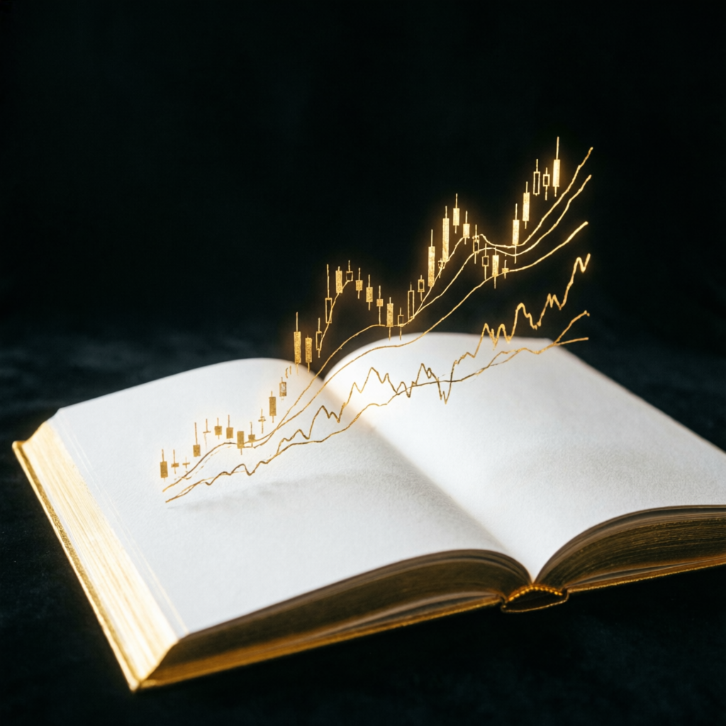 Premium trading education concept with open book showing golden trading charts