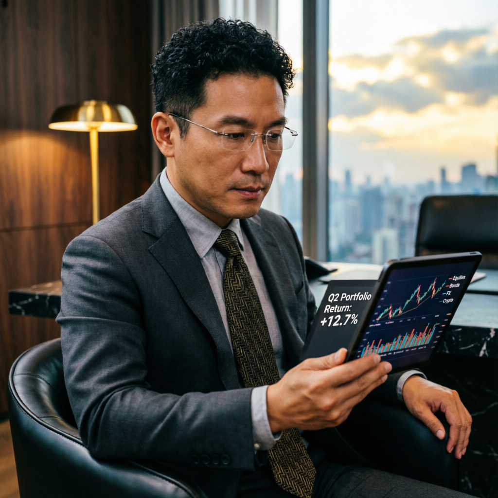 Professional trader reviewing performance analytics on tablet in luxury office setting