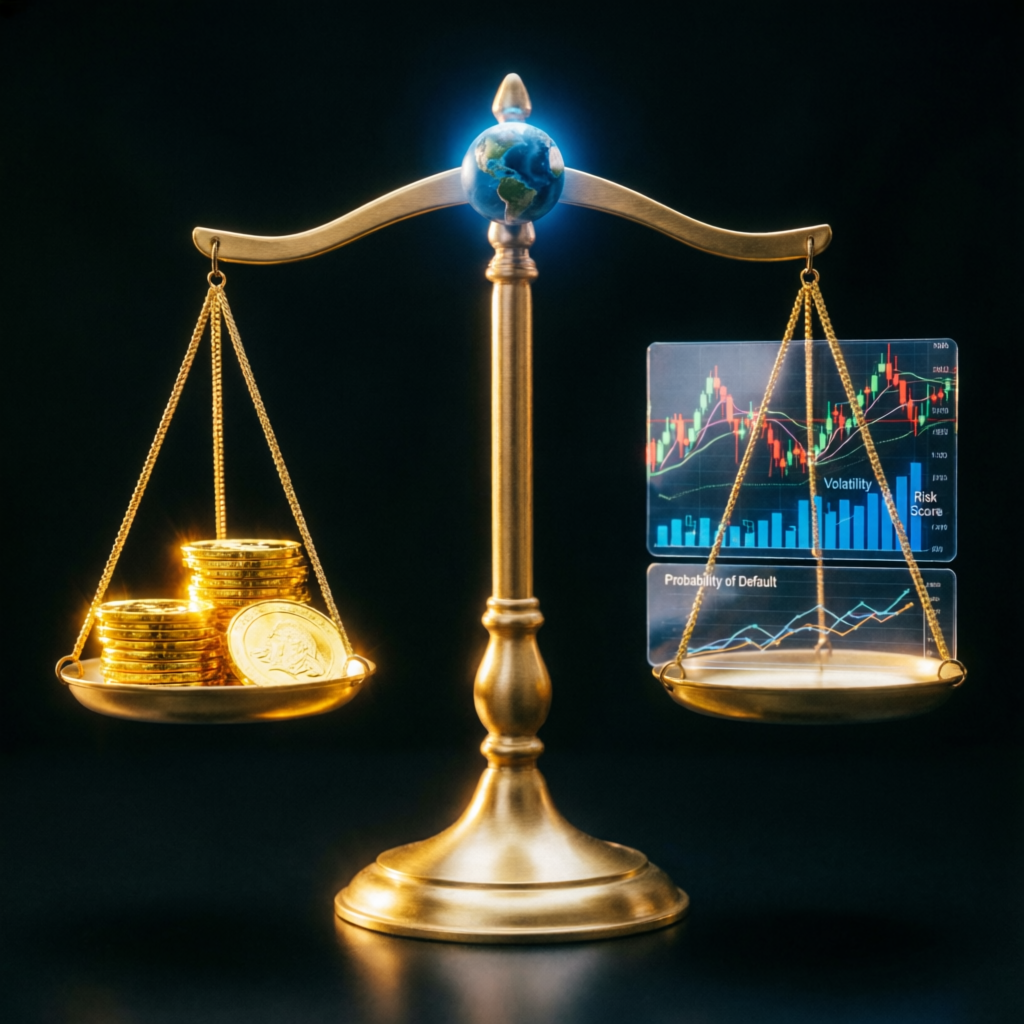 Premium risk management concept with balance scale showing gold coins and trading charts
