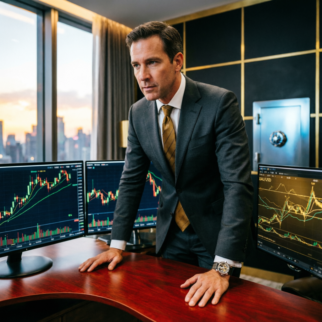 Professional forex trader analyzing multiple screens with candlestick charts in luxury office