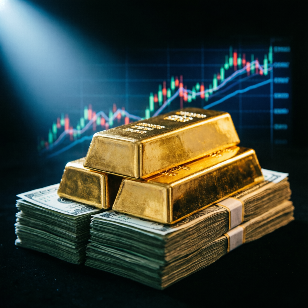 Premium payout success concept with gold bars and money stacks showing financial achievement