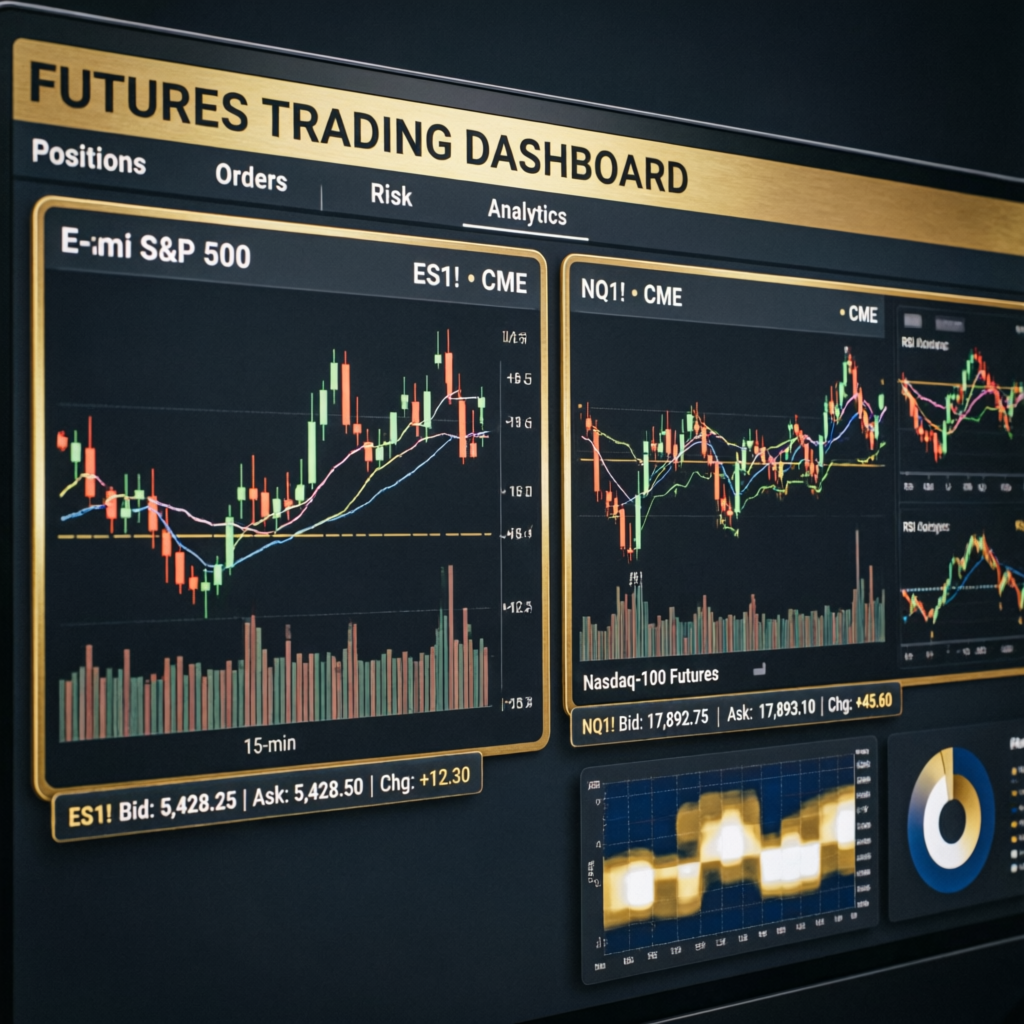 Futures trading dashboard showing E-mini S&P 500 and Nasdaq-100 charts with professional interface