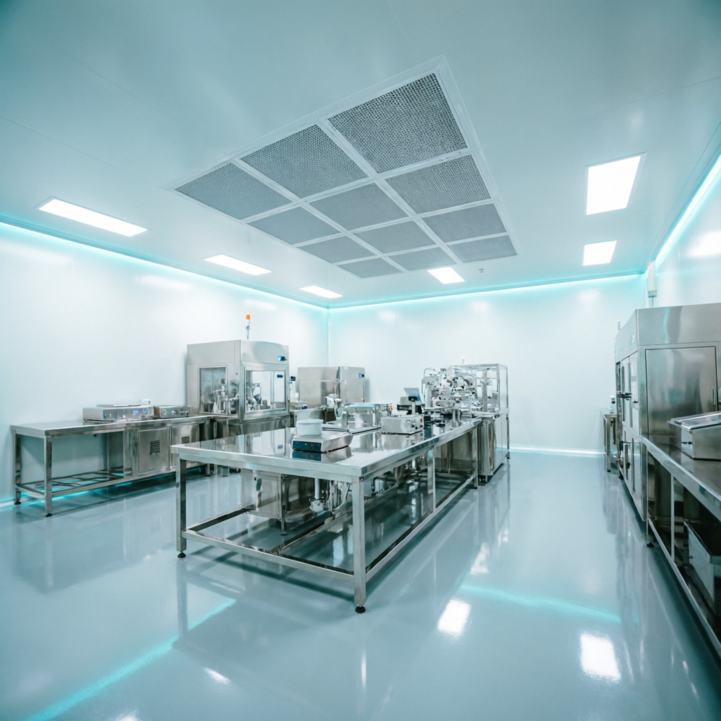 Pharmaceutical cleanroom with flush ceiling HEPA grid