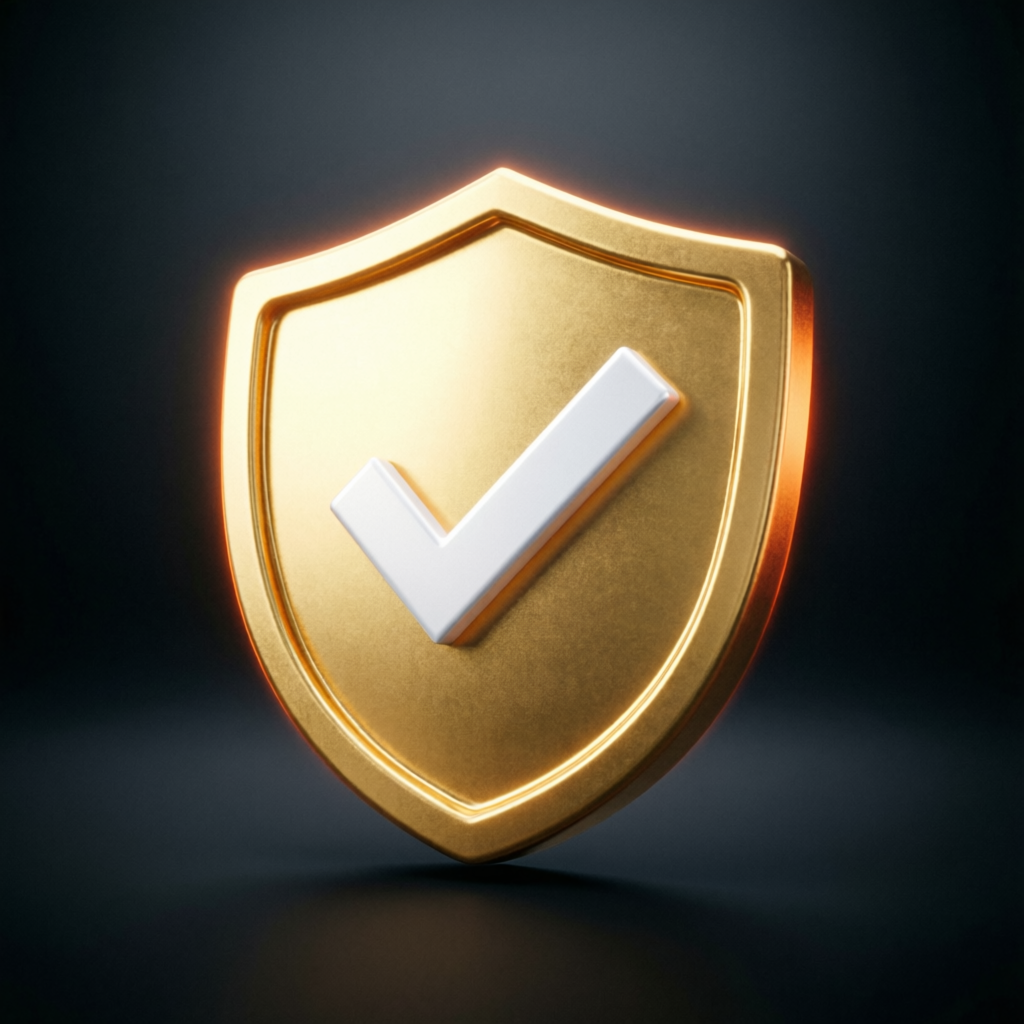 High quality 3D golden prop firm passed certification badge with shield icon and checkmark