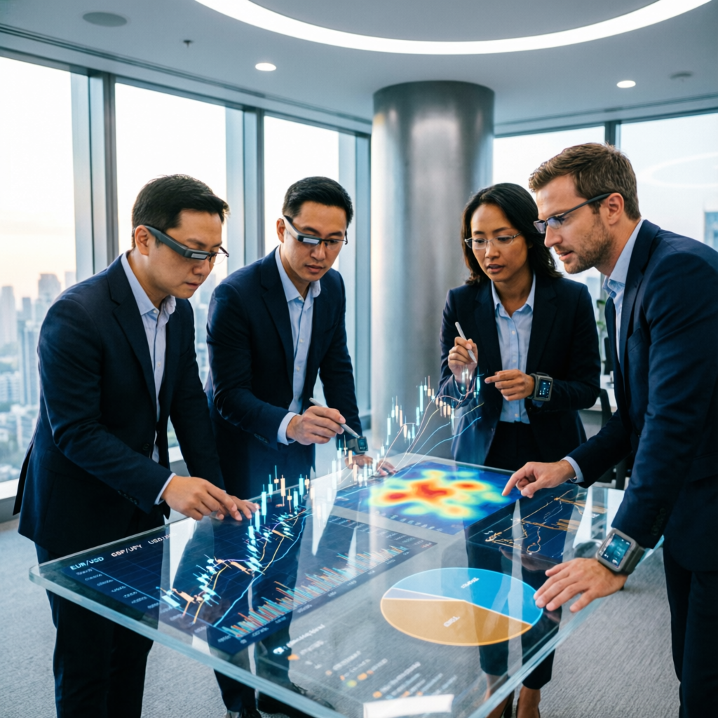 Professional financial team of experts in a modern office discussing forex account management and trading strategies around a large digital table with holographic charts