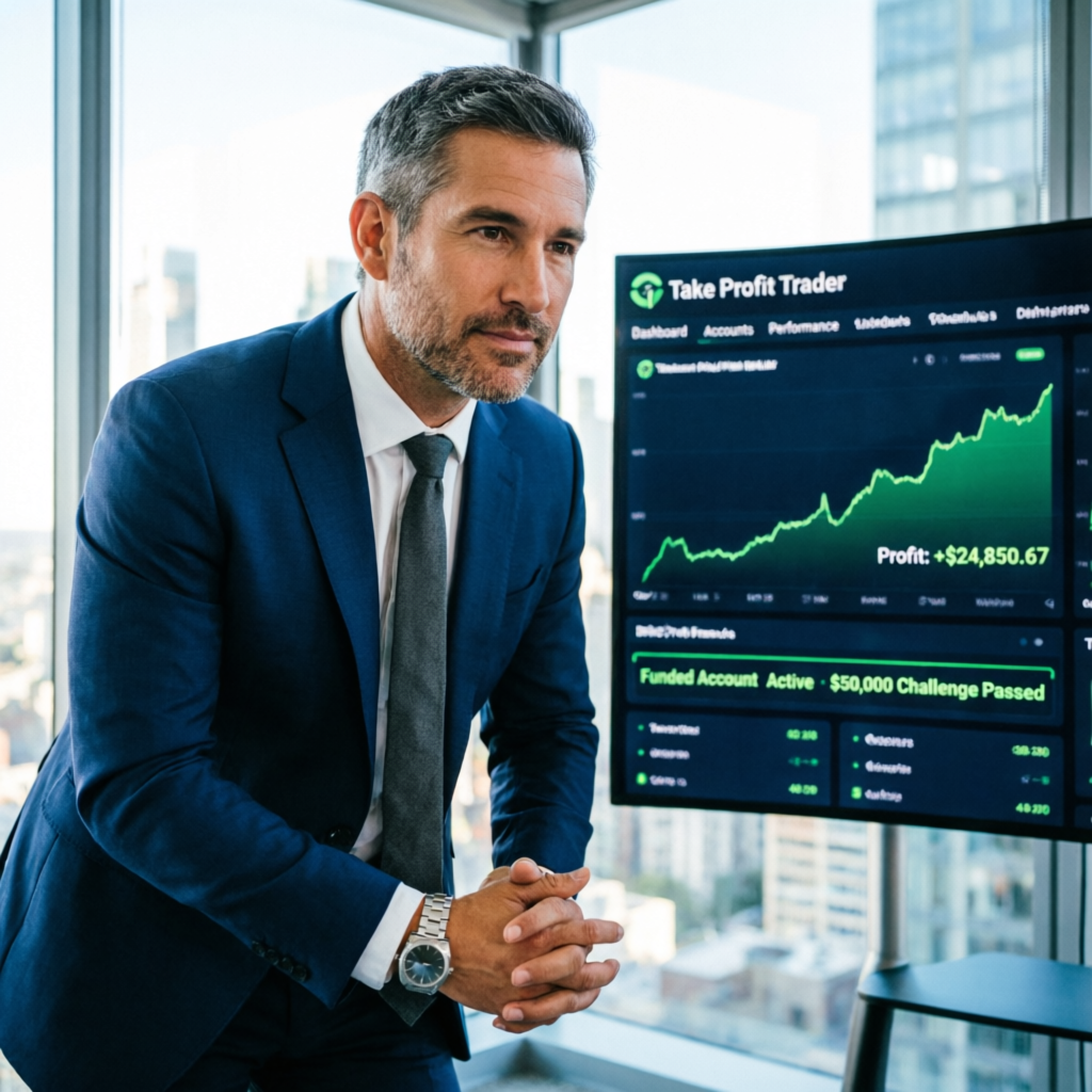 Professional trader standing confidently reviewing a large screen displaying a funded trading account with green profit curves and Take Profit Trader dashboard interface