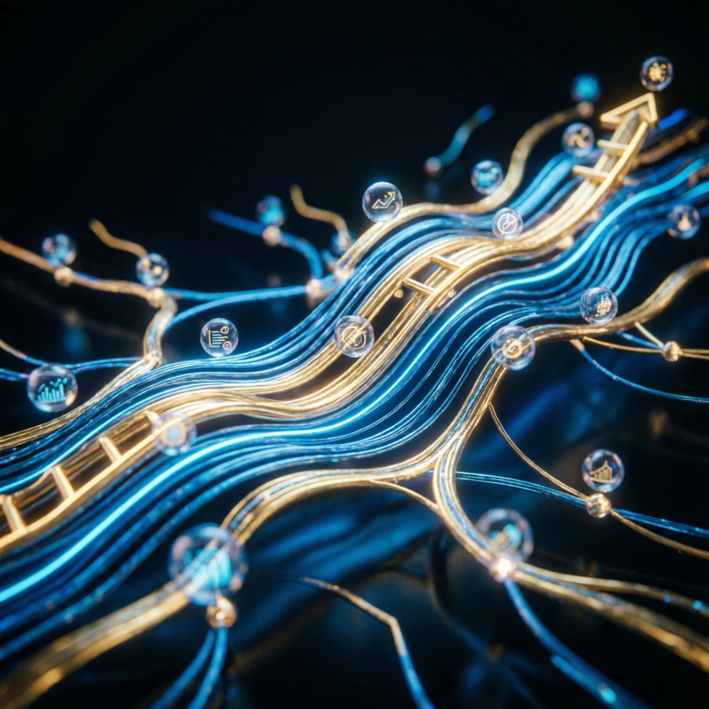 Abstract 3D data visualization glowing blue and gold lines representing trading consistency, account scaling, and prop firm evaluation progress