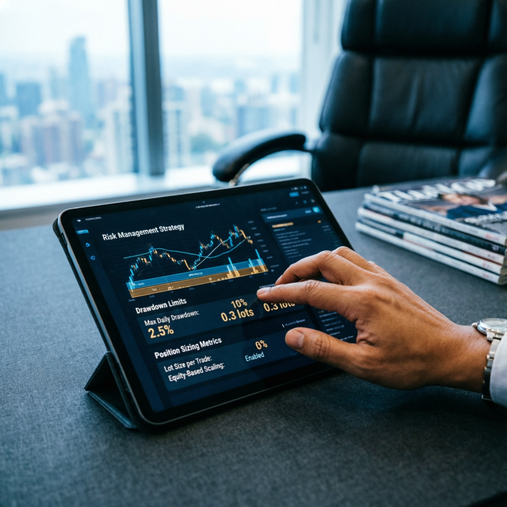 Professional financial analyst hand using a tablet showing a detailed risk management strategy chart with drawdown limits and position sizing metrics