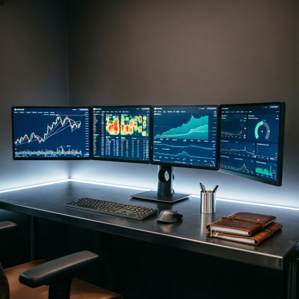 Professional trading desk setup with multiple monitors displaying forex and prop firm trading charts