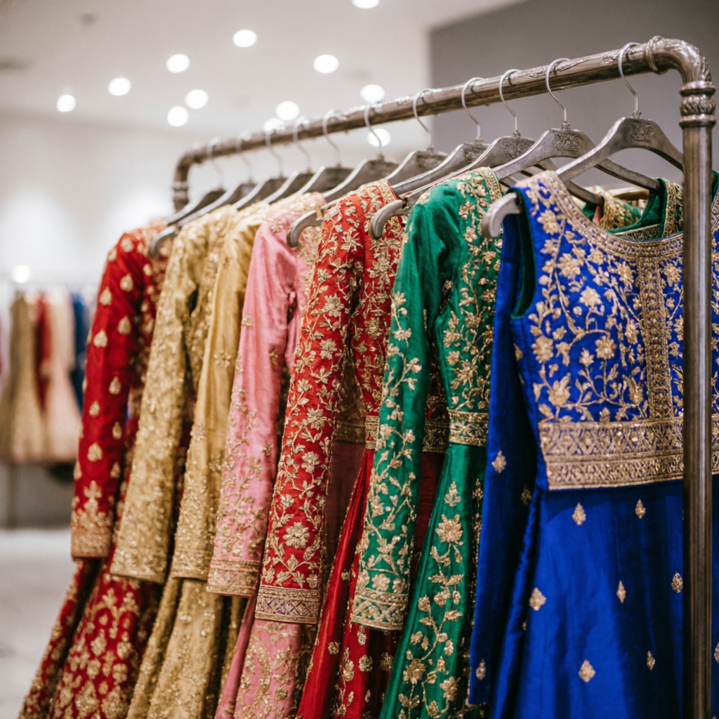 Rail of colorful embroidered lehengas at the boutique