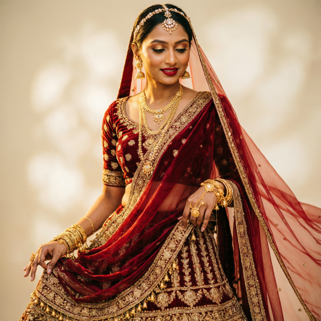 Bride in a red and gold bridal lehenga crafted at Raja Ki Rani Boutique Sonipat