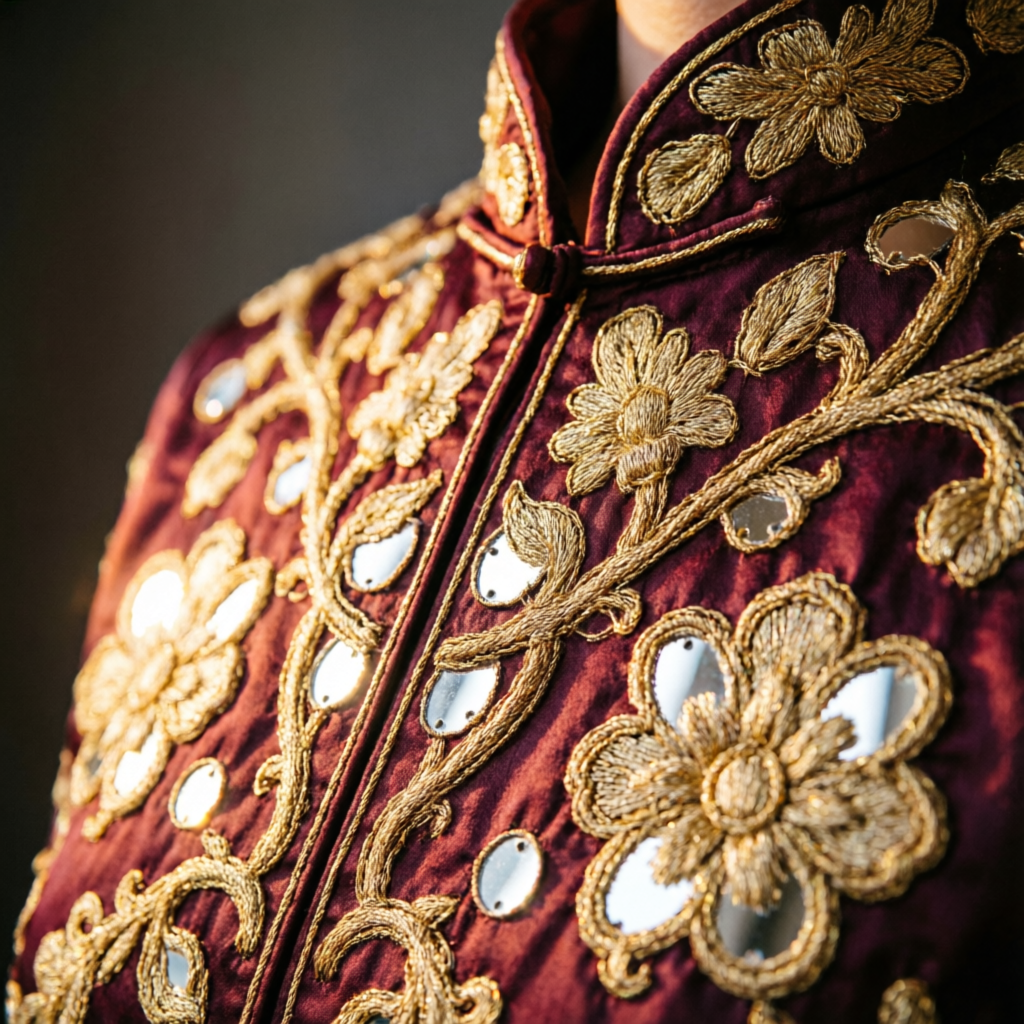 Intricate mirror-work and zardozi embroidery detail from our bridal wear collection