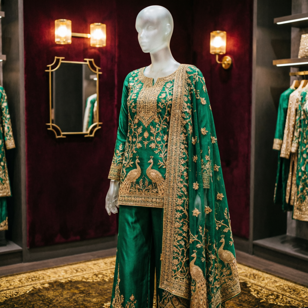 Emerald green designer suit with peacock embroidery