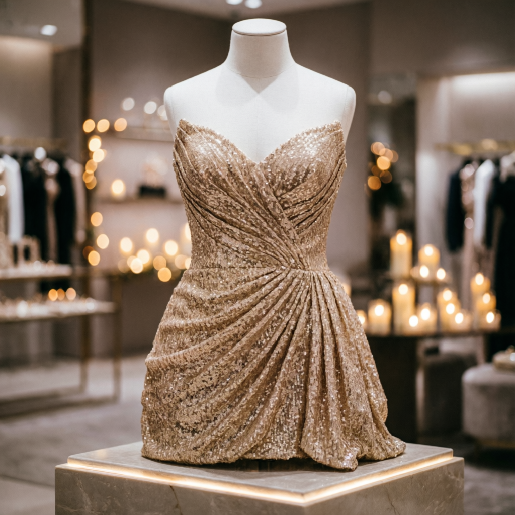 Champagne gold sequin party gown on mannequin