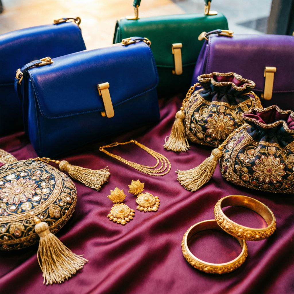 Designer handbags, potli bags and gold jewelry flatlay