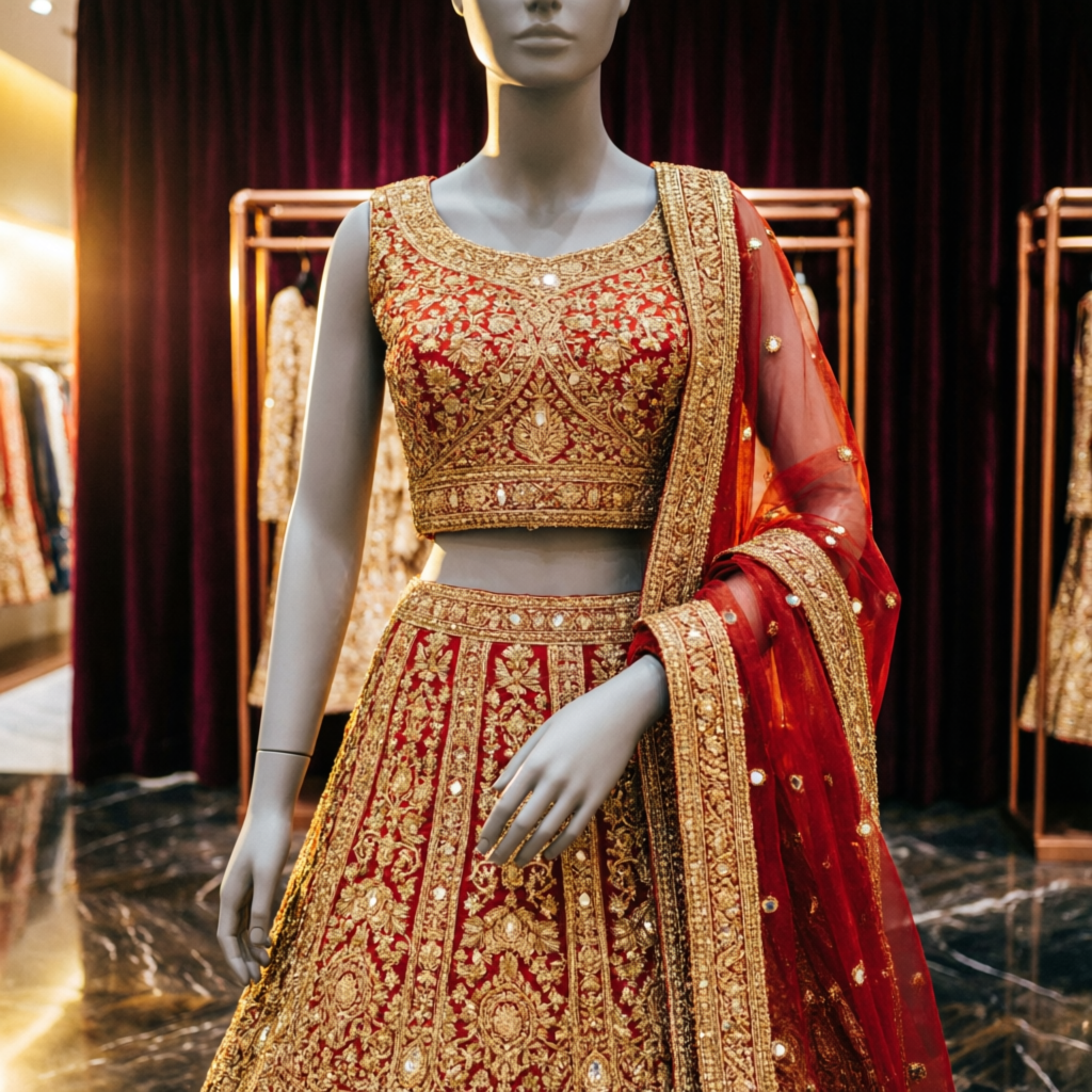 Red and gold zardozi bridal lehenga on mannequin at Raja Ki Rani Boutique