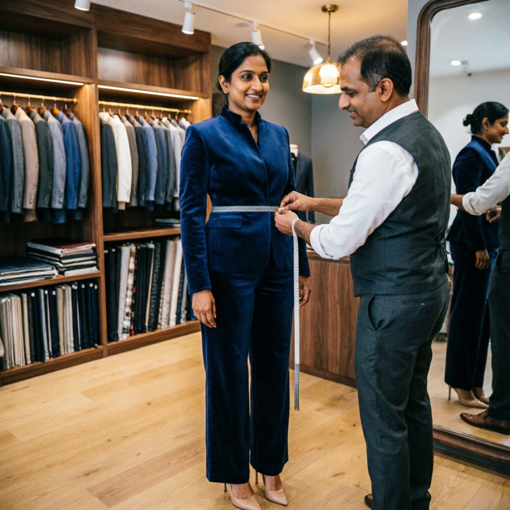 Tailor taking measurements during a personalized fitting session