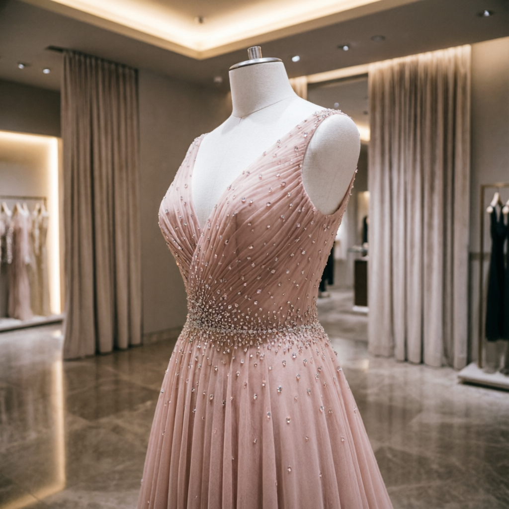 Blush pink embellished evening gown on dress form