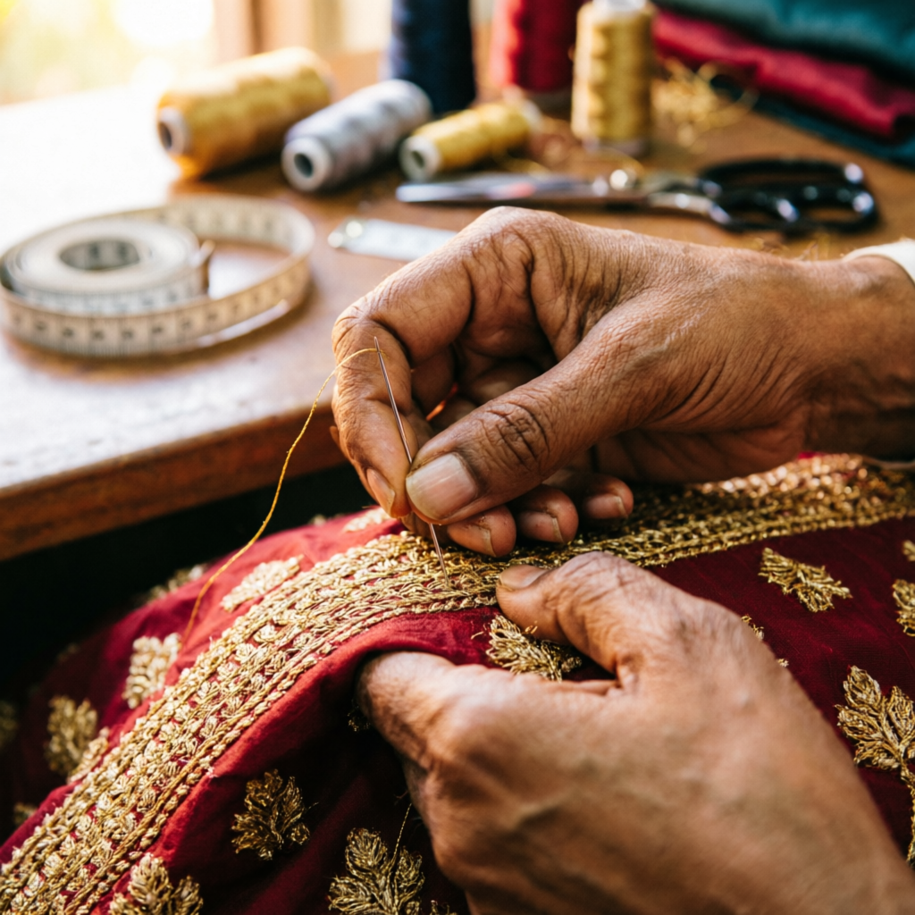 Master tailor hand-stitching gold zari embroidery at the boutique