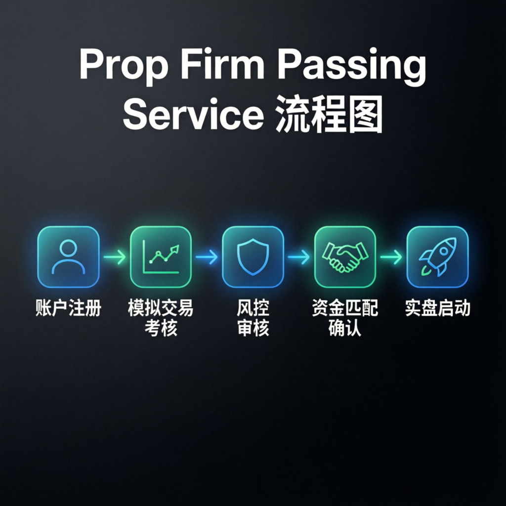 Prop firm challenge passing process flowchart with step-by-step evaluation phases