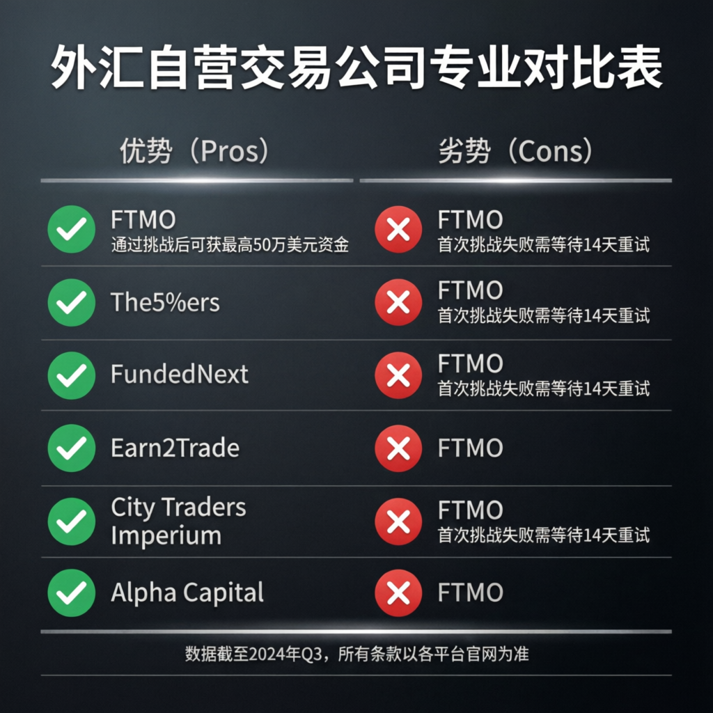 Comparison table showing advantages and disadvantages of prop firm trading services