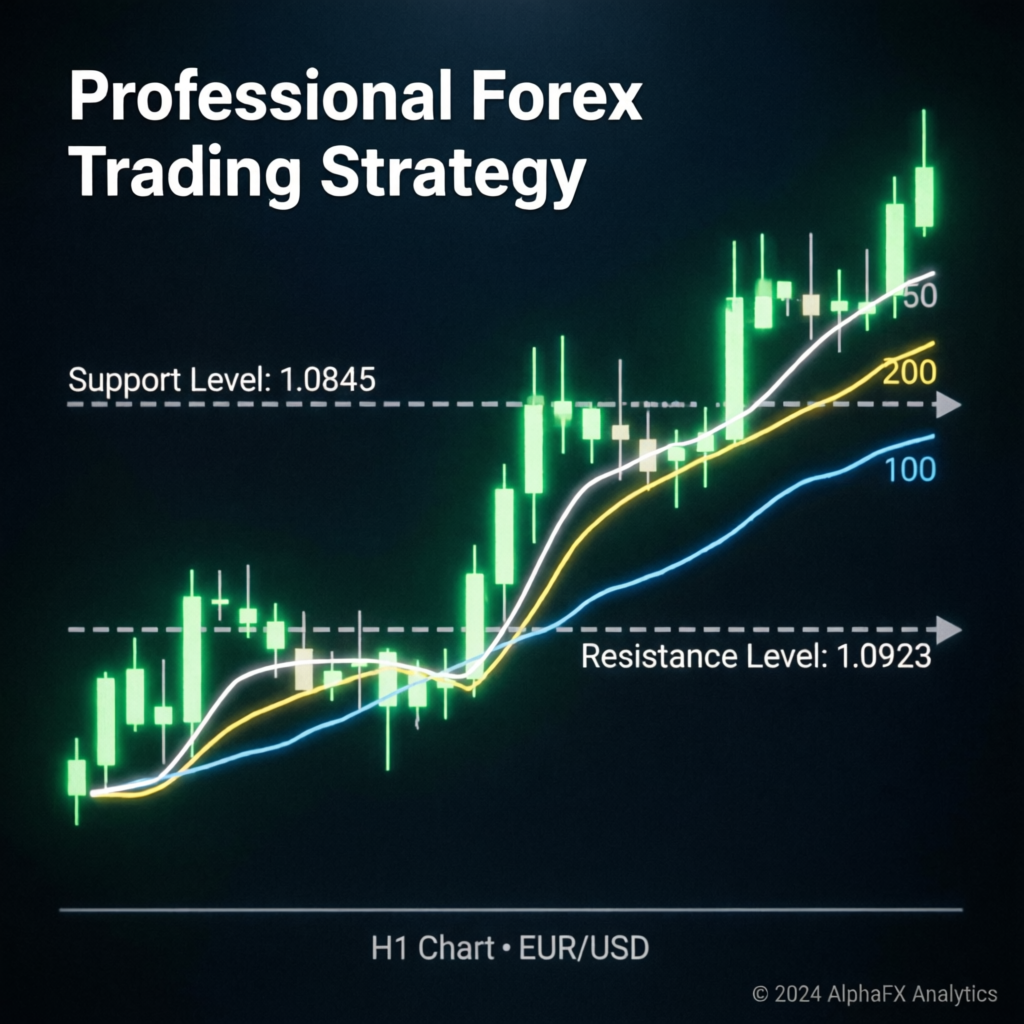 Professional forex trading strategy chart with candlesticks, moving averages, and technical indicators for prop firm evaluation